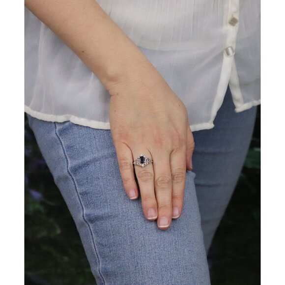 Sterling Silver Natural Dark Blue Sapphire and Cubic Zirconia Ring Size 8 1/4 - Picture 4 of 6